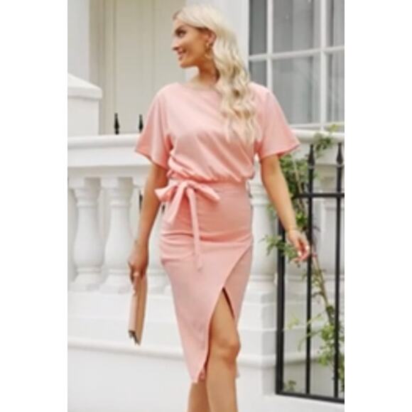 Womens Peach Belted Midi Dress Short Sleeve Office Cocktail Summer Party Dress S - Picture 2 of 14